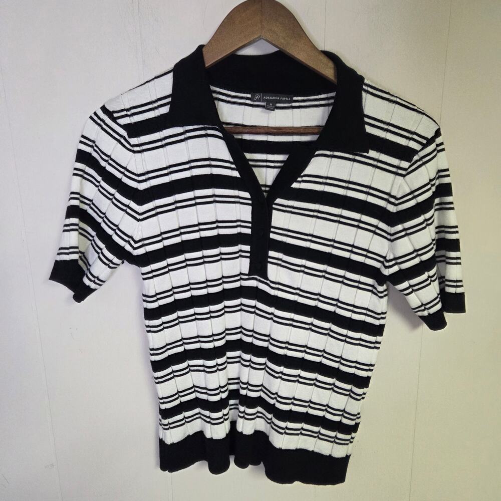 Adrianna Papell Knit Collared Top Black And White Striped Size Medium
